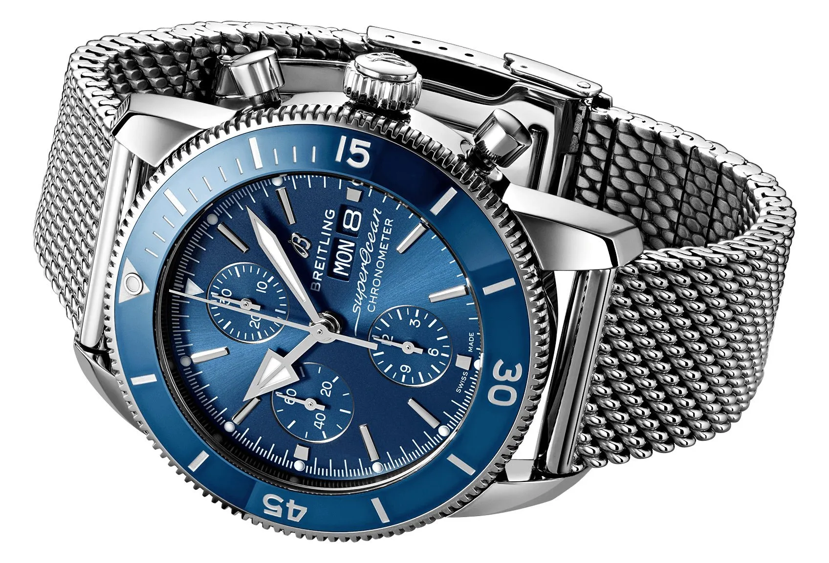 Breitling Superocean Heritage Automatic Chronograph Stainless Steel Blue Dial Mesh Bracelet Mens Watch A13313161C1A1