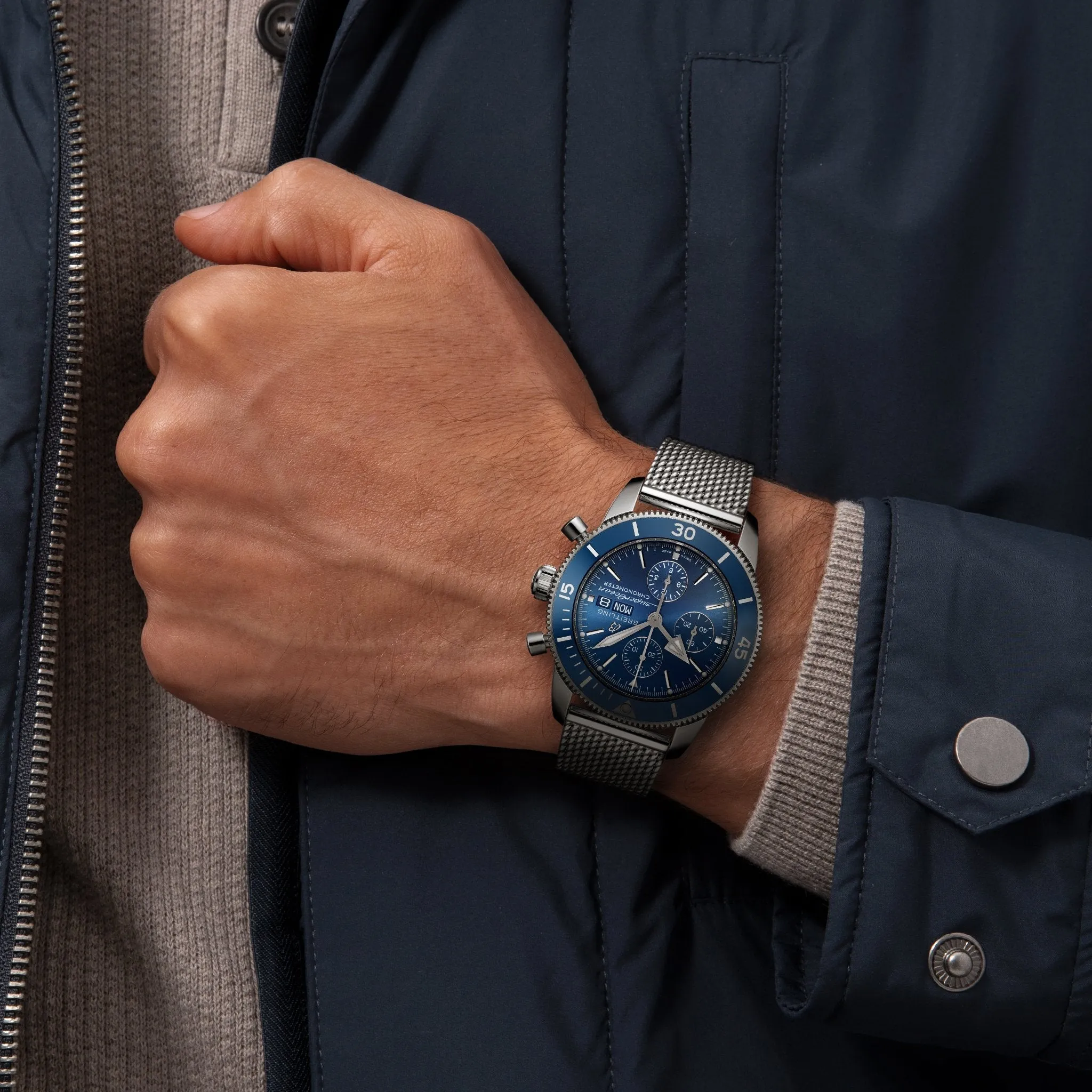 Breitling Superocean Heritage Automatic Chronograph Stainless Steel Blue Dial Mesh Bracelet Mens Watch A13313161C1A1