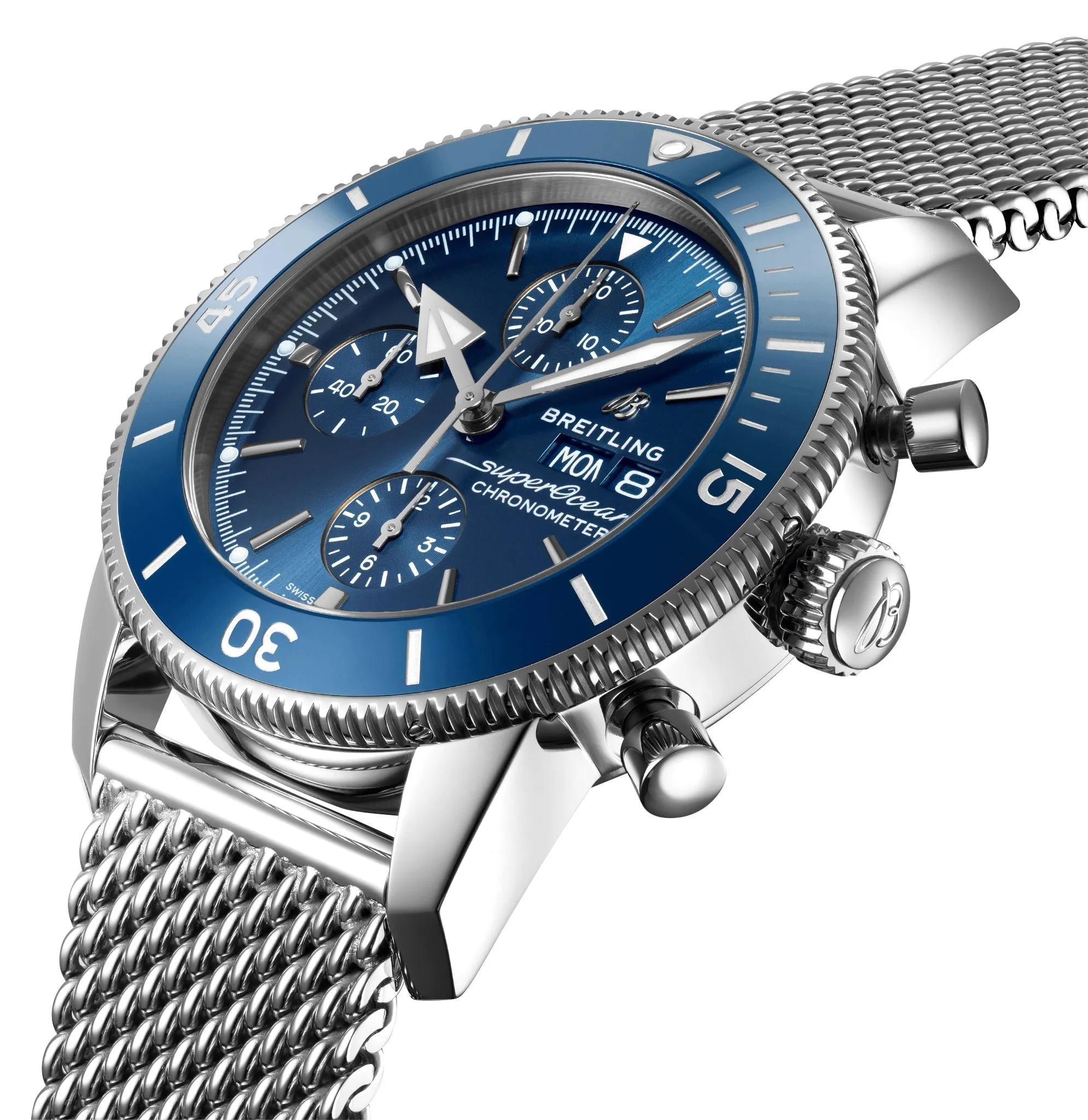 Breitling Superocean Heritage Automatic Chronograph Stainless Steel Blue Dial Mesh Bracelet Mens Watch A13313161C1A1