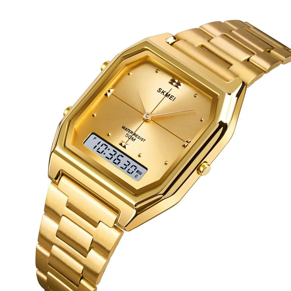 SKMEI 1612 Rectangle Gold Watch w/ Analog Digital Moment & Stainless Steel Band